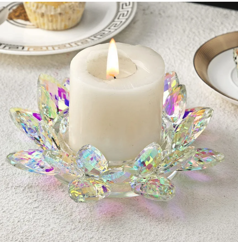 Large Crystal Lotus 7'' Width Candle Holder Tealight Pillar Candle Plate Candlestick, Glass Votive Candle Holder for Christmas Wedding Dinner Table Decor