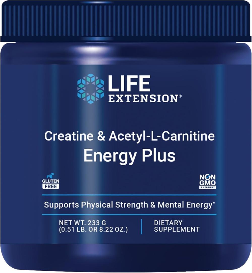 Life Extension Creatine Acetyl-L-Carnitine Energy Plus, Energy Support Supplement, creatine monohydrate, Acetyl-L-carnitine, Gluten-Free, Non-GMO, Vegetarian, 30 Servings (EXP 02/01/28)