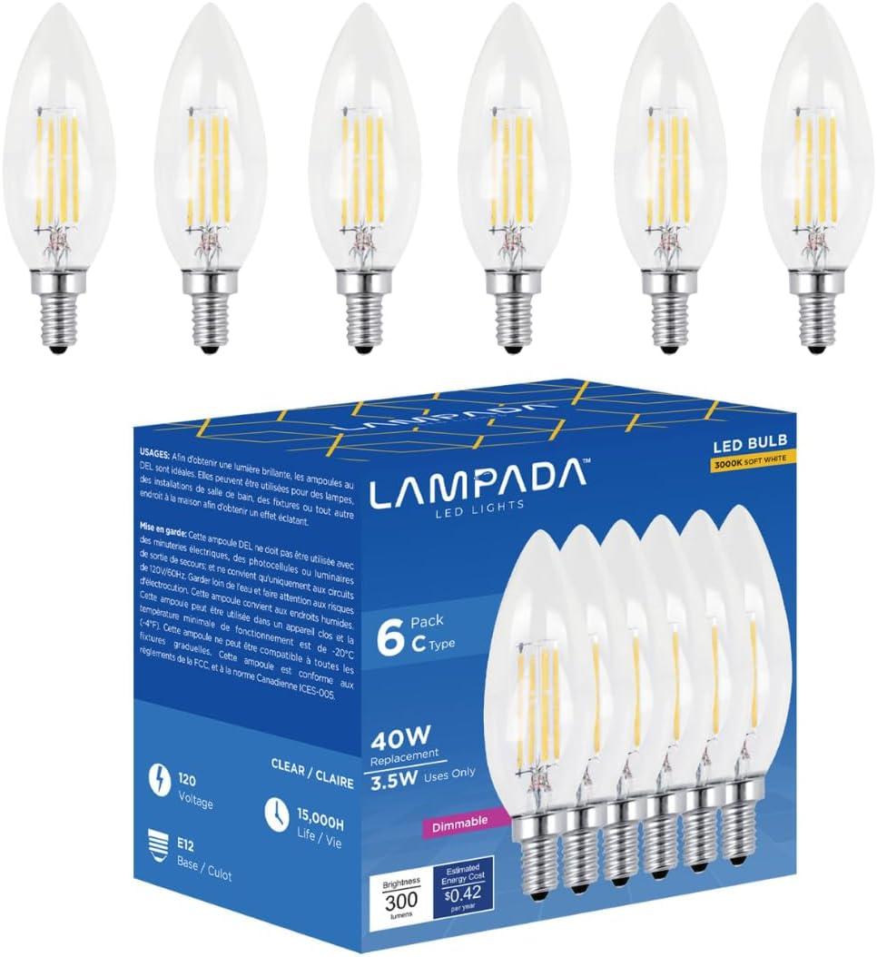 Lampada Chandelier Light Bulbs Dimmable LED, E12 Base Candelabra Bulbs, 40W Equivalent Light Bulbs, 3000K Warm White, 300 Lumens, Vintage LED Edison Bulbs, B11 Decorative Light, 6 Pack