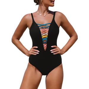 popvil Black Sexy One Piece Swimsuit for Women Plunge Deep V Neck Bathing Suit