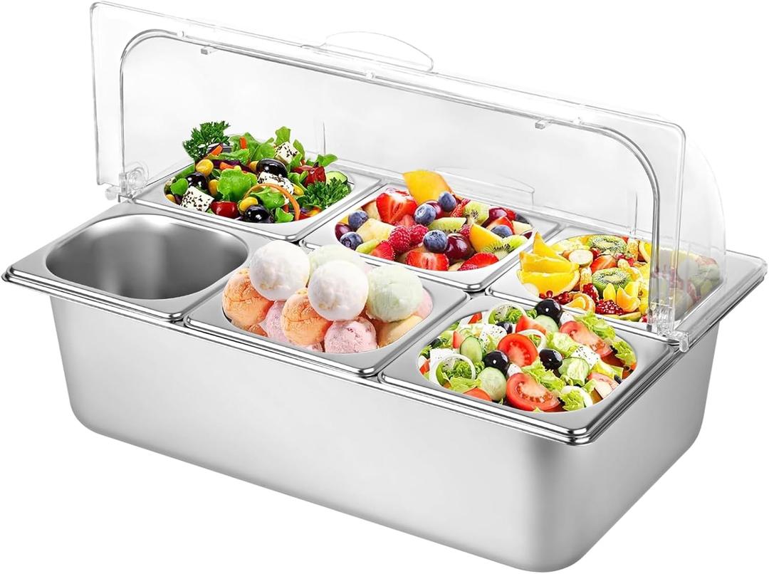 Countertop Food Serving Display Container with Clear Lid, Stainless Steel Serving Tray Catering Supplies Buffet Display Condiment Container for Restaurant Hotel Kitchen (6 Pan)
