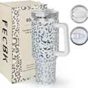 40 oz Tumbler with Handle and Straw, 100% Leak-Proof Travel Mug, Stainless Steel Double Wall Vacuum Insulated Coffee Cup Keeps Cold For 34 Hours, Dishwasher Safe, White Leopard