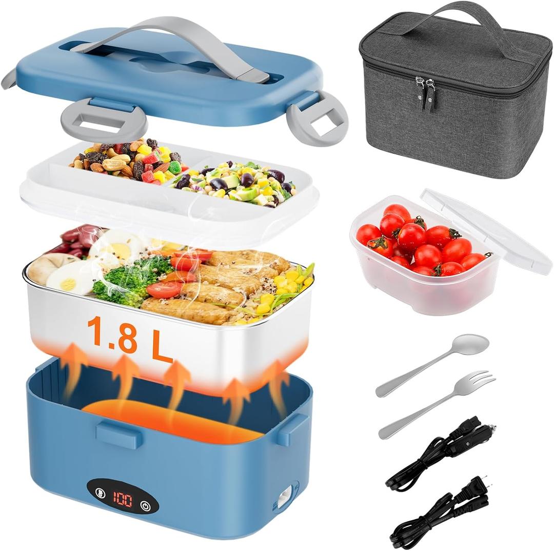 Electric Lunch Box with 3 Temperature Levels, 100W Fast Heating heated lunch box, 12V/24V/110V 1.8L Portable Food Warmer for Office, Car, and Truck, Includes Upgraded Bag & Extra CompartmentsBlue)