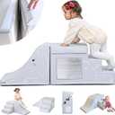 LORAIA * Non-Toxic Foam Climbing Blocks for Toddlers 1-3 - Large Vegan Leather Baby Climbing Blocks - High-end Soft Play Set w/TOP Fasteners & Baby Slide - Climbing Toys for Toddlers 1-3 Inside (Light Grey)