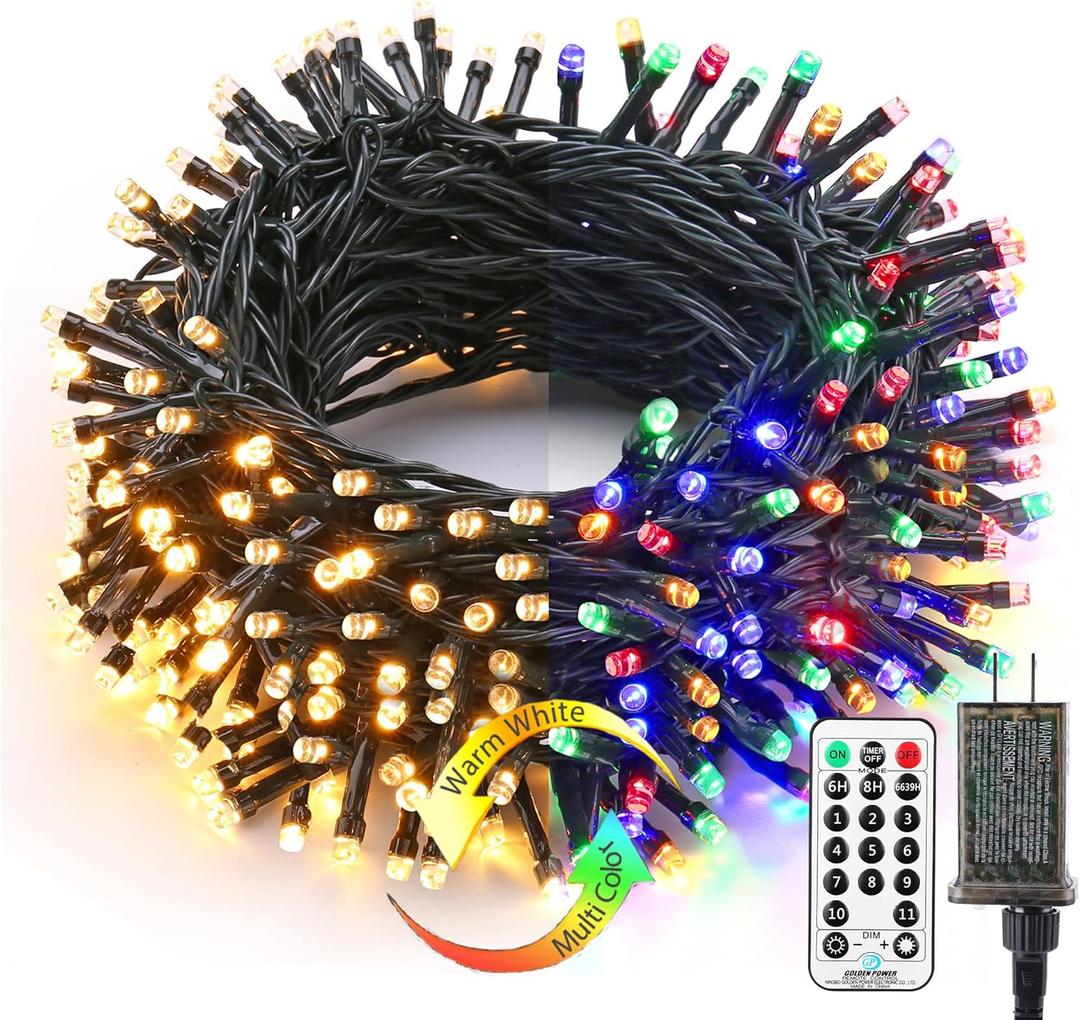 Brizled Christmas Tree Lights, 115ft 300 LED Color Changing Christmas Lights with Remote, 11 Modes Warm White & Multicolor Light String Connectable 24V Xmas Light Green Wire for Xmas Home