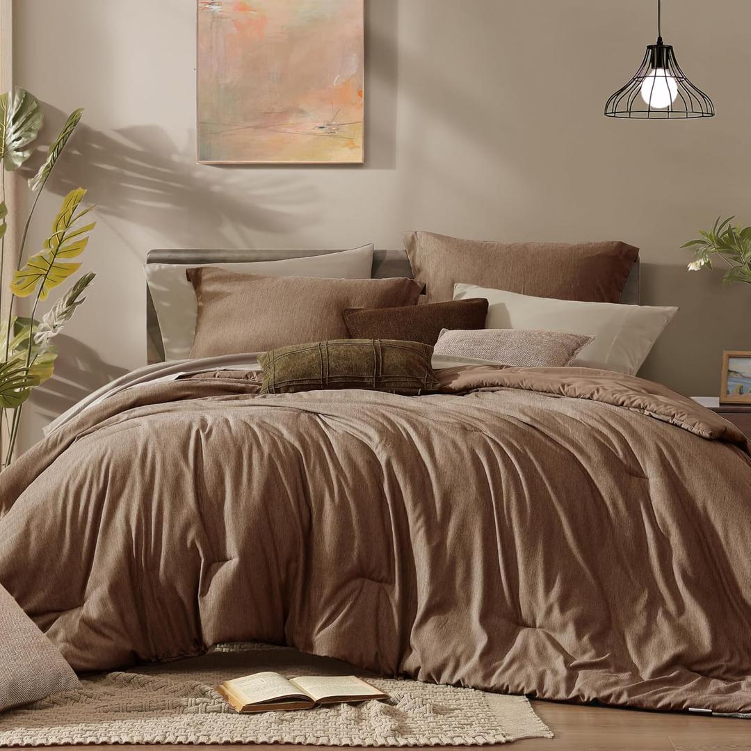 Monbix Queen Comforter Set - 7 Pieces Cationic Dyeing Brown Bed in a Bag Queen Bedding Sets with Comforter, Sheets, Pillowcases & Shams, Reversible Bedding Comforters Sets