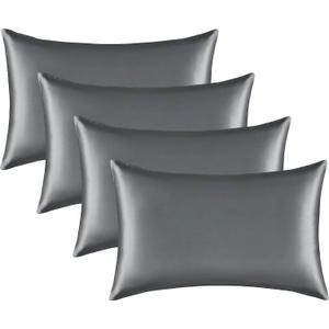 Satin Silk Pillowcase for Hair and Skin, Black Pillow Cases Standard Size Set of 4 Pack Super Soft Pillow Case with Zipper Closure (Gray, Standard(4 Pack))