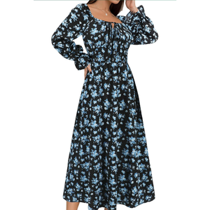 Womens Square Neck Long Sleeve Fall Casual Dresses Smocked Casual Midi Fall Dress A-Line Flowy Long Dress(Blue,Medium)