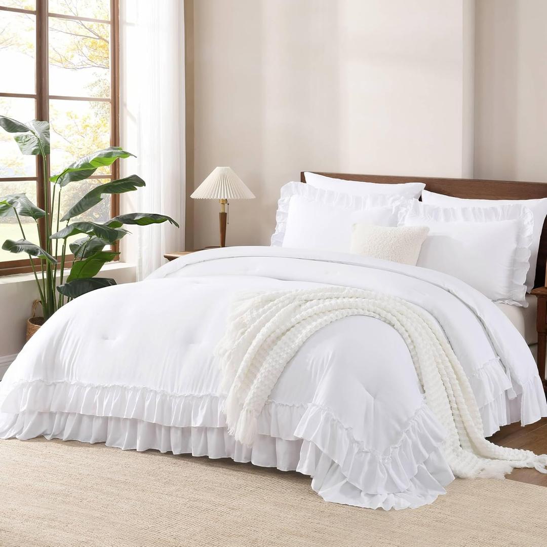 Andency White Comforter Set Queen Size, Lightweight Fluffy Farmhouse White Ruffle Bedding Set, Soft Polyester All Season Shabby Chic Bed Comforter Set 3 Pieces(1 Ruffle Comforter 2 Pillowcases)