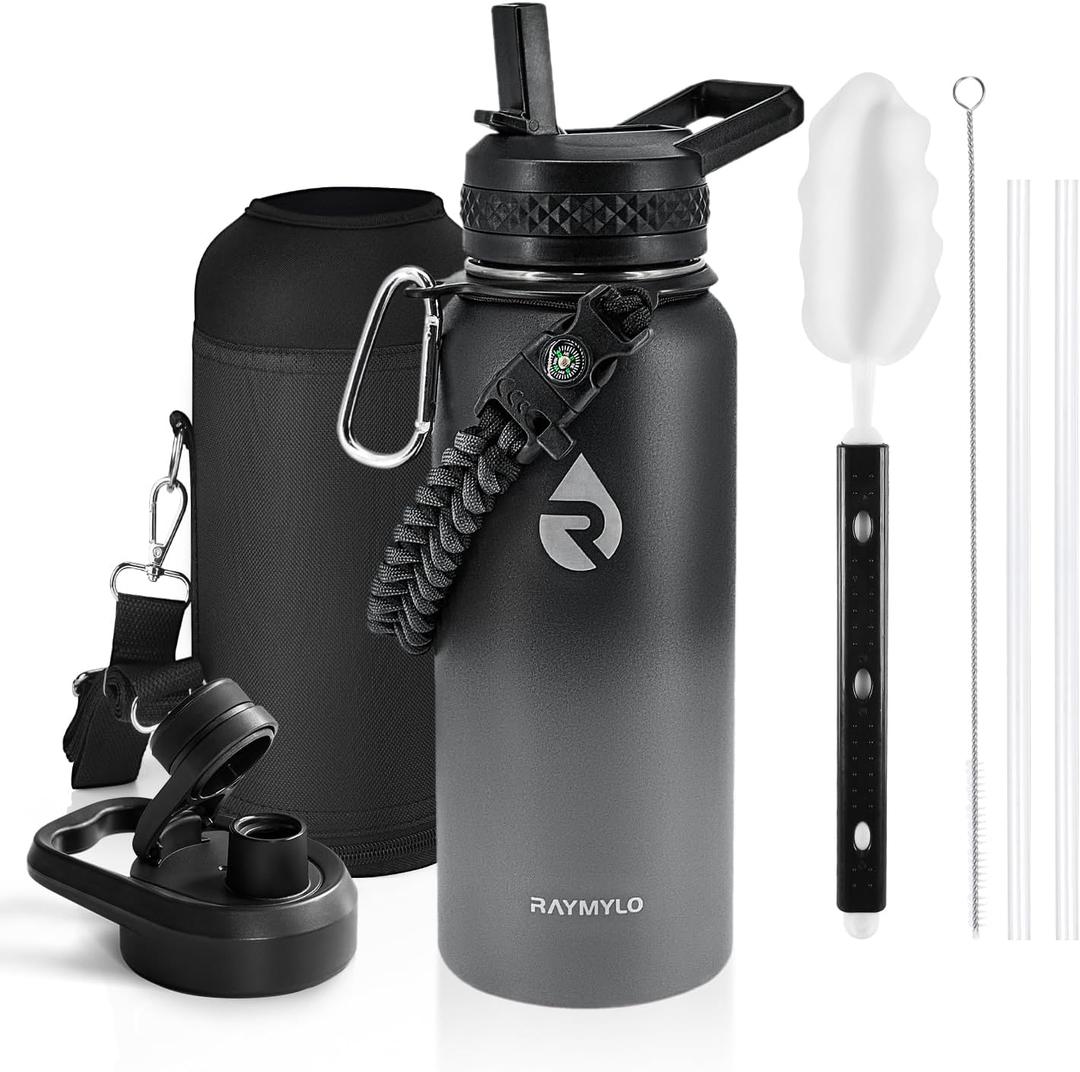 Insulated Water Bottle 32 oz, Triple Wall Vacuum Stainless Steel (Cold for 48 Hrs), Leak Proof & Non-BPA, Modern Water Flask Jug with Paracord Handle & Straw Spout Lids, Dark Grey