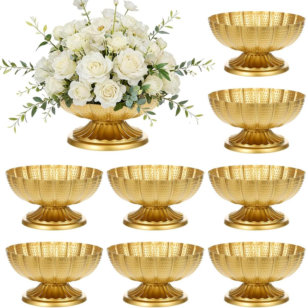 8 PCS Compote Bowl Gold Vase for Centerpieces 7" W x 4" H Small Metal Pedestal Vase Antique Gold Urn Vases Flower Arrangement for Wedding Anniversary Parties and Home Decor