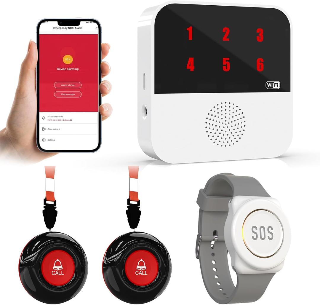 WiFi Caregiver Pager System Life Alert Systems for Seniors No Monthly Fee with Led Number Display Call Button for Elderly Patient Disabled 2 Button 1 Watch Button 1 Receiver (Only Supports 2.4Ghz)