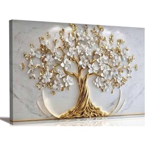 Tree of Life Canvas Wall Art Gold White Flowers Wall Decor Picture Natural Landscape Poster Print Artwork For Living Room Bedroom Office Paintings Decoration Prepare to hang 48x24in