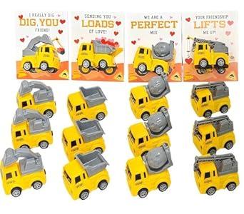 Valentines Day Gifts for Kids with Cards  24PCS Construction Vehicles Toys Card Bulk  Kids School Party Favor, Classroom Exchange Prizes, Boys Girls Age 3+