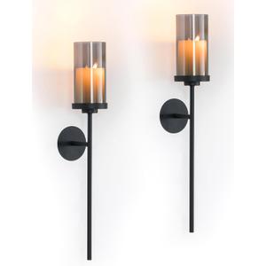Black Wall Candle Holder Decor: 22 Inch Metal Long Candle Sconces with Smokey Grey Hurricane Modern Minimalist Decoration for Hallway Living Room Beside Fireplace TV