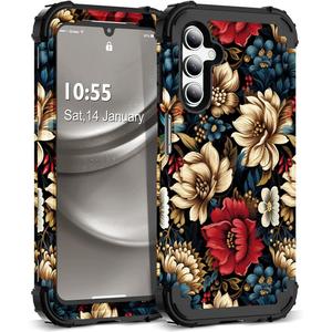 for Galaxy A15 5G Case,3 in 1 Floral Pattern Heavy Duty Shockproof Protection Soft Silicone Rubber Bumper+Hard Plastic Hybrid Protective Cover for Samsung Galaxy A14 6.5",Black Flower