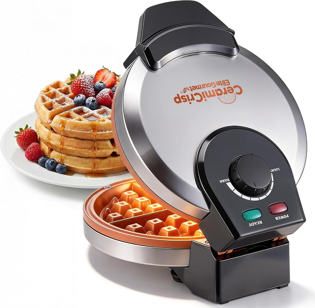 Elite Gourmet Belgian Waffle Maker with PFAS-Free CeramiCrisp Ceramic Nonstick Plates, Adjustable Browning Control, 1100W Heating, Power & Ready Indicator Lights, Vertical Storage, Stainless Steel
