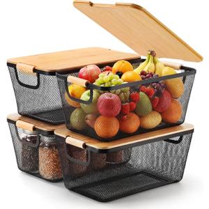 Geelin 4 Pcs Black Metal Wire Basket with Wooden Handles and Bamboo Lids 14.37" x 8.58" x 6.5" Mesh Steel Basket Stackable Storage Bins Organizer Containers for Vegetables Fruit Home Cabinet Pantry