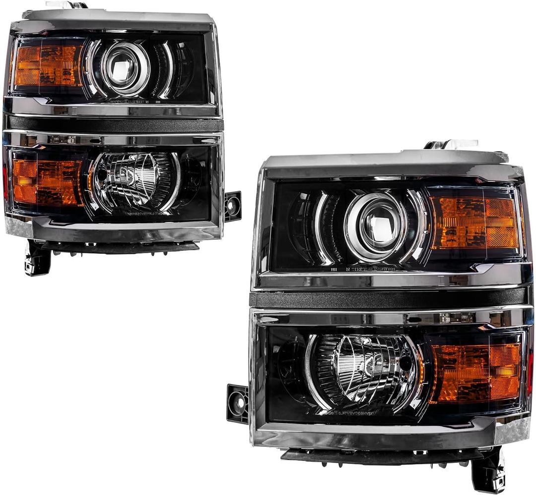 Headlight Assembly,Chrome Headlamp Compatible with 2014-2015 Silverado 1500 LTZ/High Country,Amber Reflector Color Clear Lens Color, OE Style Replacement Headlight Assembly