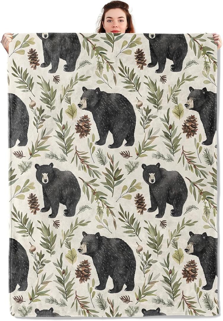 Bear Forest Blanket Lightweight Blankets Gifts for Animal Lover Flannel Throw with Black Wildlife and Woodland Leaf Printed for Sofa, Bed, Travel, Office, Rustic Decor Throws 60x50 Inch