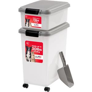 IRIS USA Dog Food Storage Container, 30 lbs & 11 lbs Combo, Cat Food Storage Container, Dog Treat Container, Airtight, Stackable, 2-Cup Scoop, Wheels, Easy Mobility, Silver (3 Piece Set, Chrome)