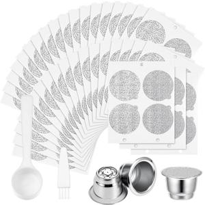 Tanlade 300 Pcs Reusable Espresso Capsules 2 Refillable Coffee Pods Stainless Steel Cups Filters Compatible with Nespresso Original Line Machines with Aluminum Foil Seals Stickers Lids