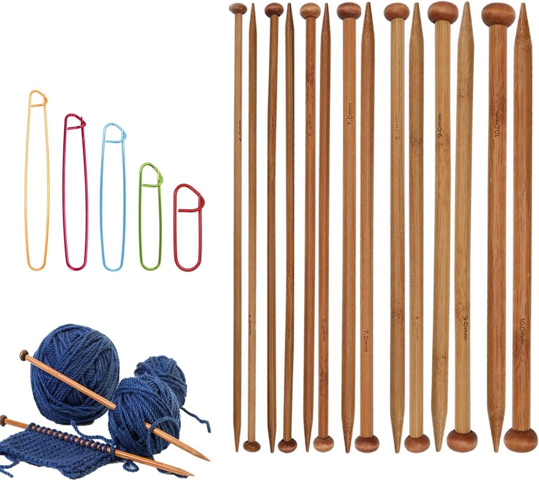 7 Pairs Bamboo Knitting Needles Set, Bamboo Natural, Long Wooden Knitting Needle, Single Point Straight Wood Needles, Wooden Knittings Needle for Beginners for Making Sweater, Shawl, Scarf
