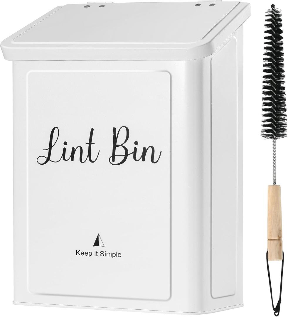 SUBEKYU Magnetic Lint Bin for Laundry Room, Wall Mounted Metal Lint Box Holder Trash Can with Lid for Dryer, Lint Basket for Laundry Room Organization, White