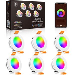 inShareplus 6 Pack 2 Inch Smart Recessed Lighting, WiFi LED Downlight 5W 120V, Dimmable RGBCW 2700-6500K Color Changing, Compatible with Alexa/Google, Ceiling Lights with LED Driver (Corlorful)