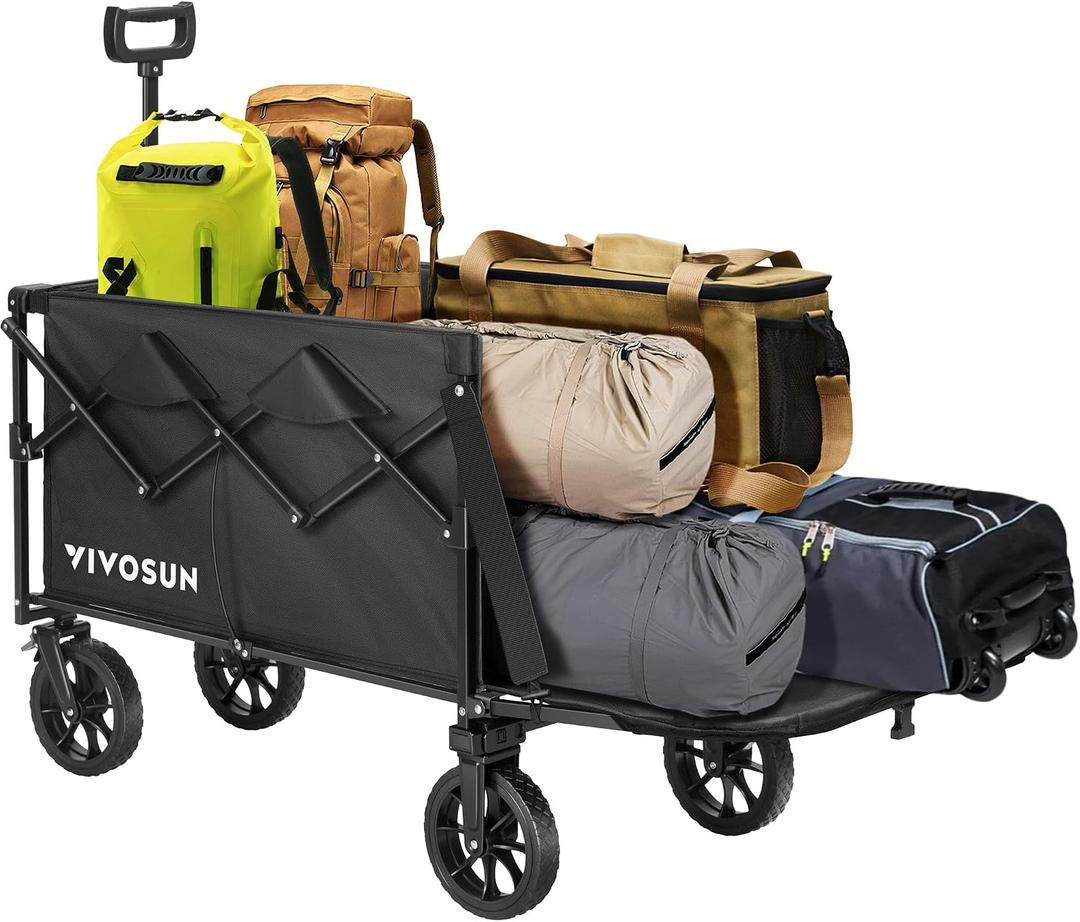 VIVOSUN Collapsible Wagon with Tailgate, 320lb Load-Bearing Outdoor Utility with All-Terrain Wheels, Adjustable Handle, Cup Holders for Camping, Shopping, Garden, Sports, Picnic, Black