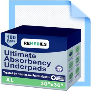 Remedies - Disposable Bed Pads 30" x 36" - 100 Count - Large Bed Pads for Incontinence - Seniors, Adults & Kids Chucks Pads - Adult Absorbent Incontinence Disposable Underpads for Beds & Furniture