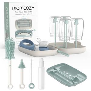 Momcozy Bottle Brush Set - Baby Bottle Cleaner Kit with Silicone Brush, Nipple Brush, Straw Brush, Soap Dispenser, Drying Rack - 7 in 1 Bottle Cleaning Tool for Home and Travel, Green (Classic Style)