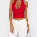 ForeFair Women Sexy Halter Deep V Neck Backless Crop Tank Top Open Back Sleeveless Slim Fit Y2k Summer Tops (Red, L)