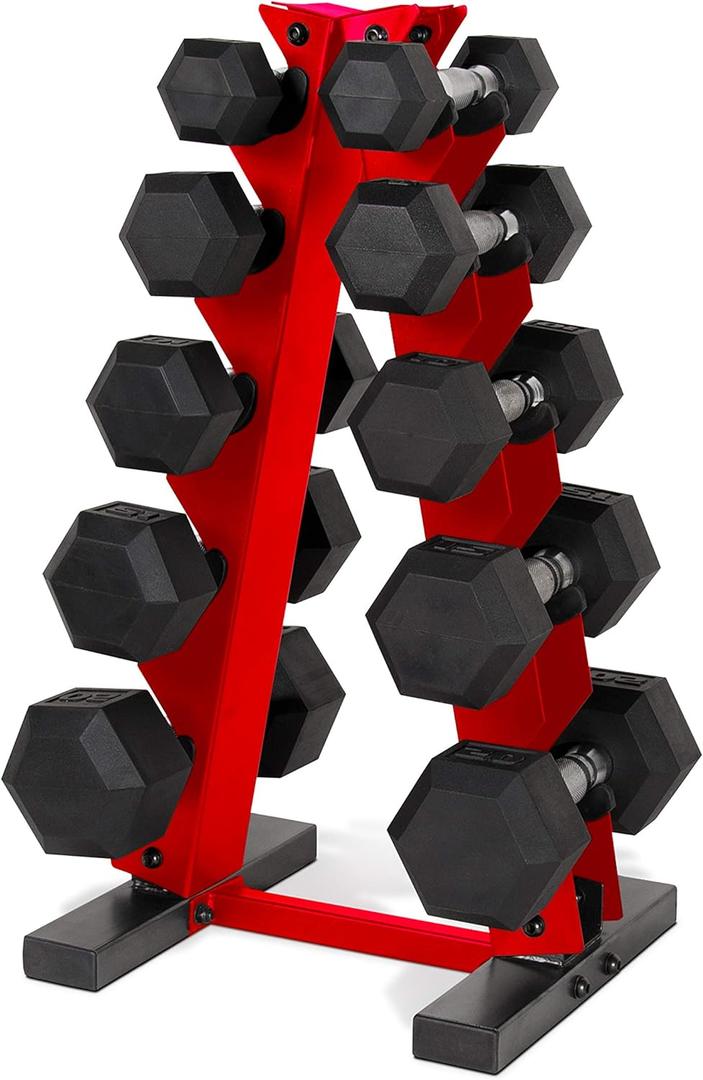 CAP Barbell 150 LB Coated Hex Dumbbell Weight Set with Vertical Rack | Multiple Options (Red Rack)
