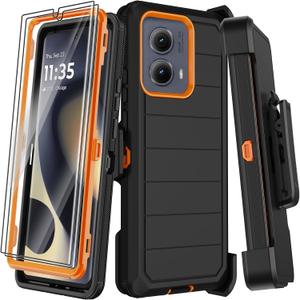 for Motorola Moto Edge 5G 2024 Case with Belt Clip Holster,2X Screen Protector,Heavy Duty Shockproof Drop Protection Military Grade Full Body Rugged Phone Cover with Kickstand (Black Orange)