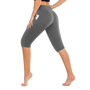 DHSO High Waisted Capri Leggings with Pockets for Women Knee Length Tummy Control Buttery Soft Yoga Pants for Workout Athletic Seniors Capris Grey Small-Medium (Gray, S)
