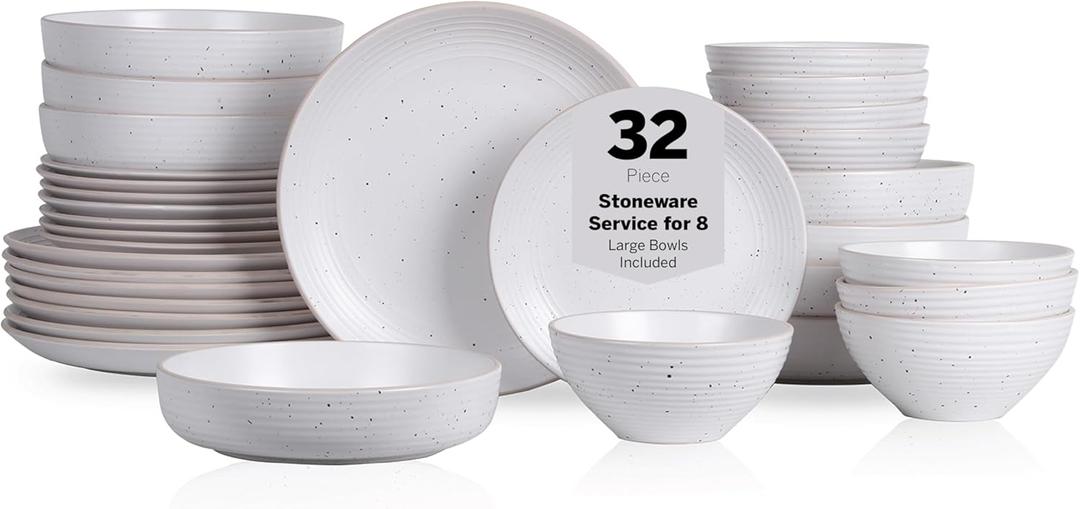 Stone Lain Lauren Modern Stoneware 32-piece Round Dinnerware Set, Plates and Bowls Set, Dish set for 8, Off White