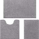 HOMEIDEAS 3 Pieces Bathroom Rugs, Ultra Soft Non Slip Absorbent Chenille Toilet Bath Mat Set (Grey) (1'8" x 2'8" (17"x24"+20"x32"+U Shape 20"x24"))