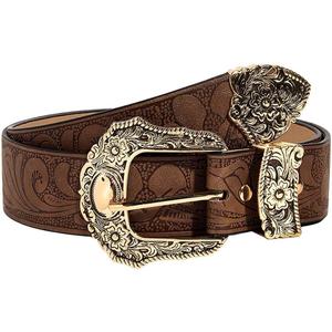 Tgirls Brown Western Belts Cowboys Cowgirls Belt for Jeans Vintage Country Leather Belt (Fits waist size:25''-35'', Gold)
