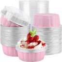 EUSOAR Disposable Ramekins, 100pcs 9oz Pink Muffin Tins Aluminum Foil Pans with Lids, Cupcake Containers Creme Brulee Cups Reusable Mini Pie Pan Bread Pudding Holders for Wedding Birthday Theme Party