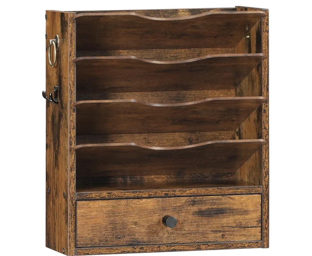 HOOBRO Wall File Organizer, Mail Organizer Wall Mounted, Wooden Literature Organizer, Construction Paper Organizer with Drawer Storage and 2 Hooks, for Office, Classroom, Home, Rustic Brown FG14WF01