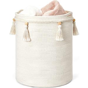 Mkono Macrame Decorative Cotton Rope Basket Boho Cute Woven Tassel Tall Basket Closet Storage Bins Organizer for Nursery,Baby Toys, Potted Plants Cover,Living Room,Bedroom Home Decor 15.7"x 19.6"