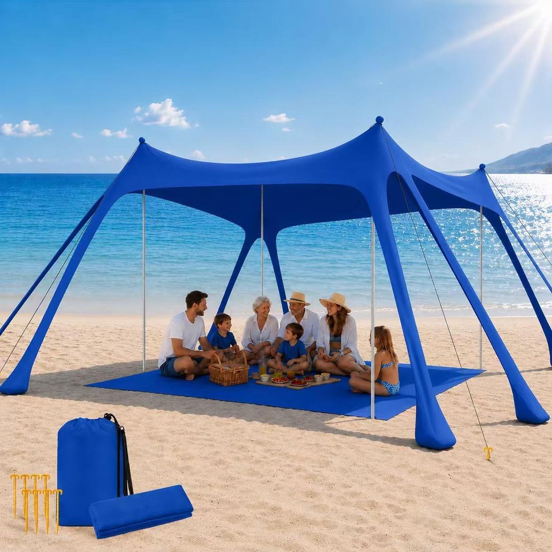 Beach Tent Sun Shelter with Beach Mat, 10x 10FT 8 Sandbags Beach Canopy | UPF50+ 10x10FT Beach Shade with Carry Bag, 8 Windproof Ropes, for Camping Trips, Backyard Fun Picnics, Dark Blue