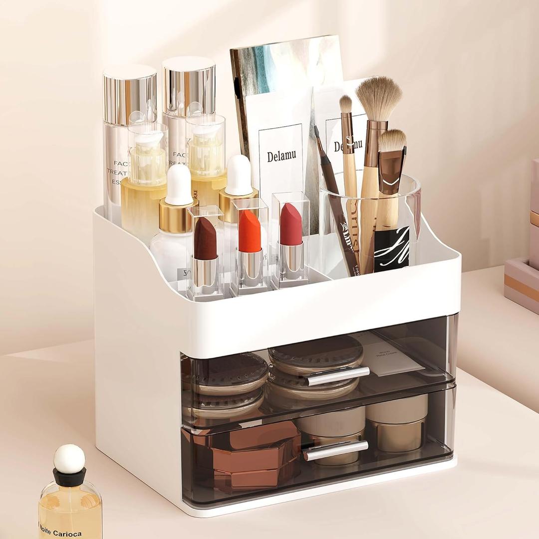 Delamu Makeup Organizer Countertop, 3-Tier Large Capacity Bathroom Counter Organizer with 2 Clear Drawers for Easy Access, Ideal for Makeup, Skincare, Lipsticks, Office Supplies, Present, etc, White