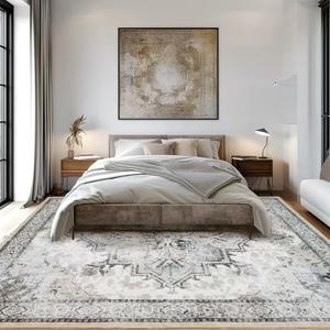 Area Rugs for Living Room 8x10 0.24inch Low Pile Faux Wool Bedroom Rug TPR Anti-Slip Backing Carpet Vintage Soft Rugs for Dining Room dcor Machine Washable (Beige, 8 * 10)