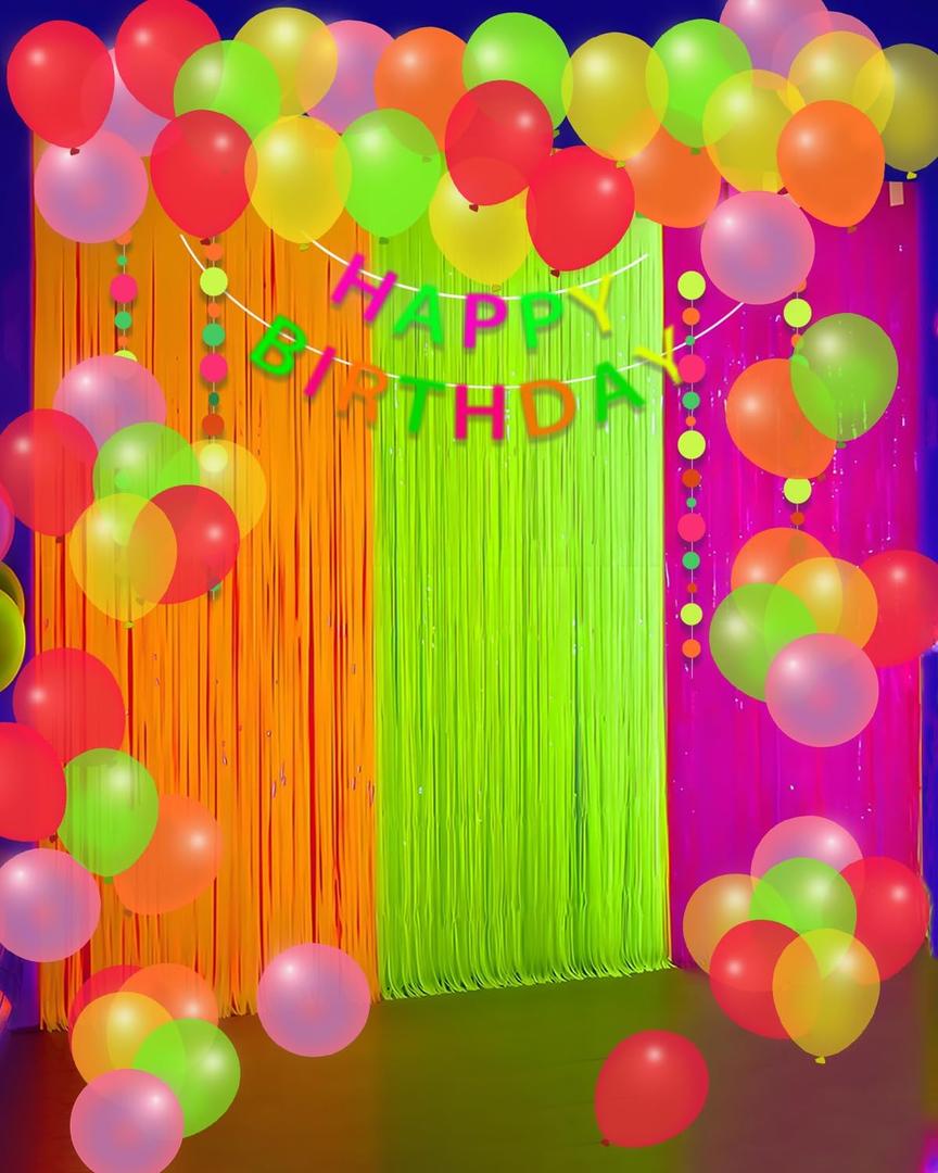 Glow in the Dark Neon Birthday Party Decorations - 3 Tinsel Foil Fringe Curtains (9.9x6.6ft), 100 UV Neon Balloons & Glow Streamers Happy Birthday Backdrop Banner for Photo Booth