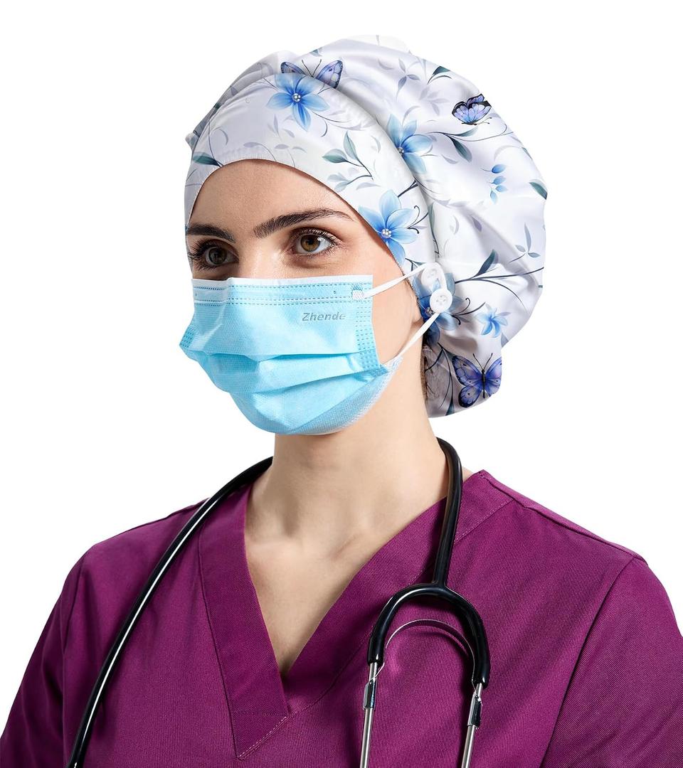 Bouffant Caps Shower Cap with Button and Sweatband, Adjustable Scrub Caps for Women Men 