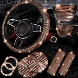NBTEPEM 8 pcs Bling Car Accessories Set for Women, Steering Wheel Cover, Sparkly Seat Belt Covers, Bling Gear Shift Cover, Universal Fit Most Cars (Gold Champagne Diamond)