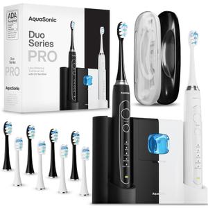 Aquasonic Duo PRO  Ultra Whitening 40,000 VPM Electric ToothBrushes  ADA Accepted - 5 Modes with Smart Timers - UV Sanitizing & Wireless Charging Base - 10 Proflex Brush Heads & 2 Travel Cases (1 Count (Pack of 1), White and Black)