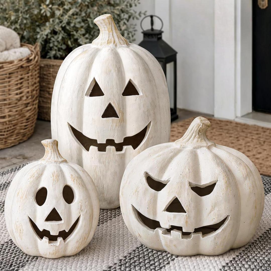 Fall Decorations for Home - White Handmade Terracotta Jack O' Lantern